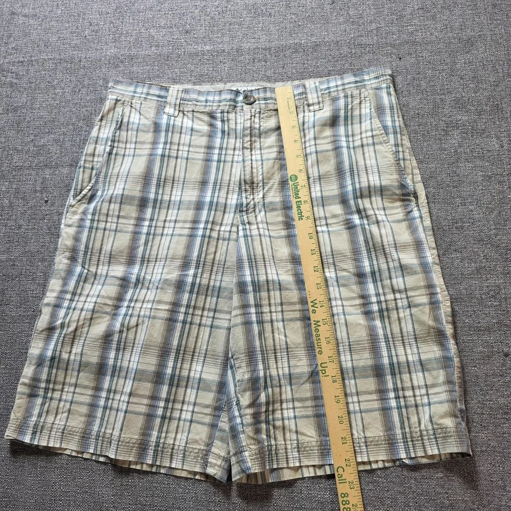 Columbia Shorts Men's Size 36 Tan Blue Plaid 100% Cotton Flat Front